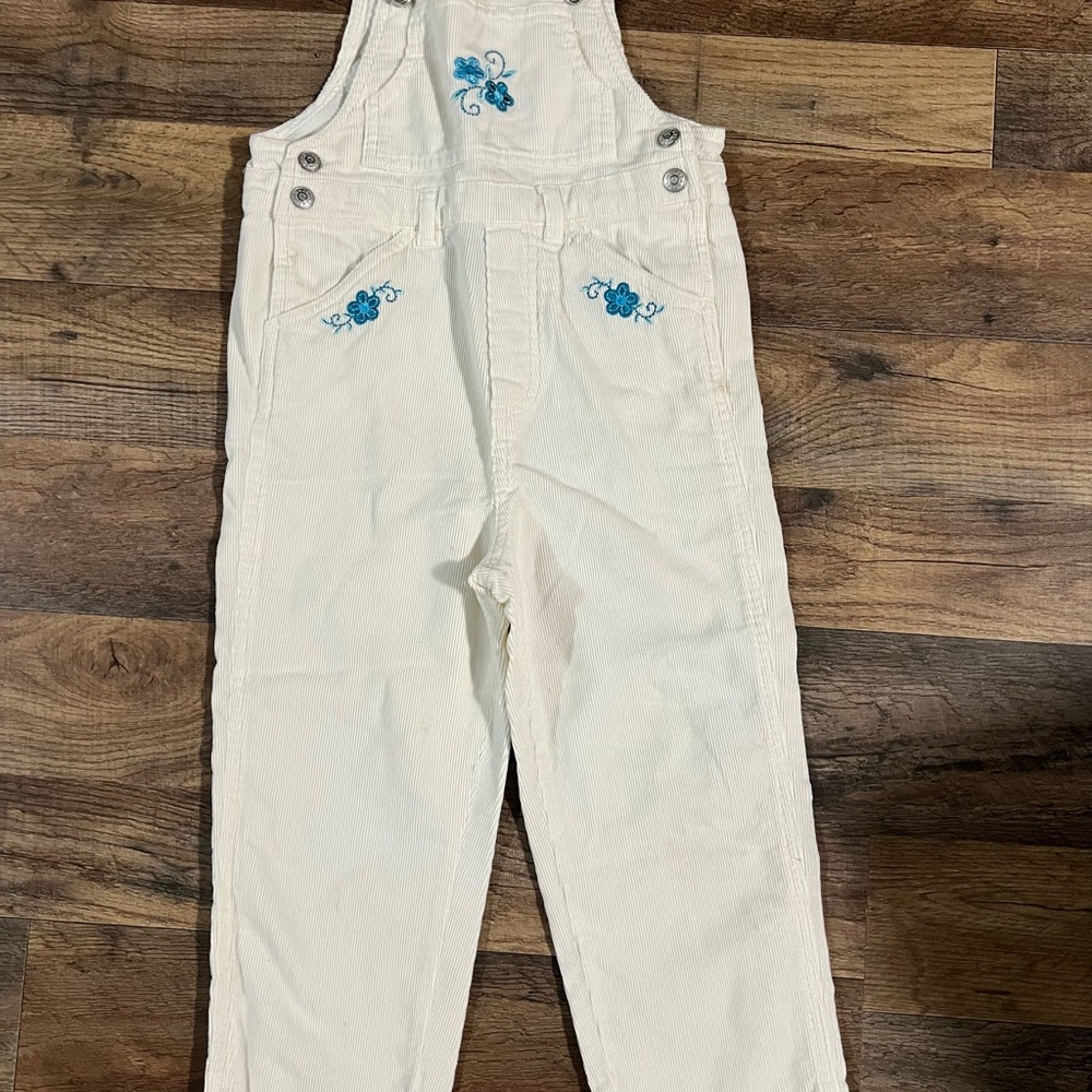 Vintage Girls White Overalls with Blue Embroidery 4T